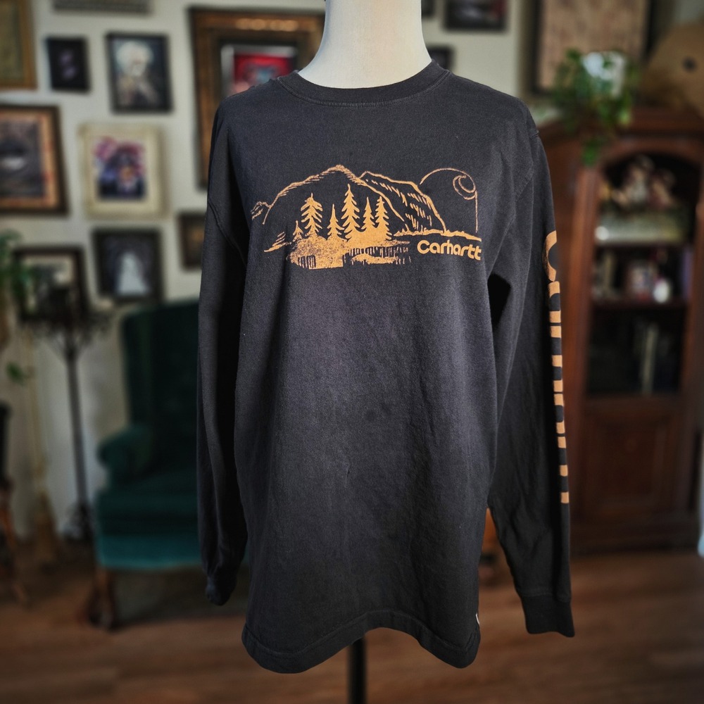 Carhartt Long Sleeve Shirt Mens Medium Black Graphic Tee Faded Relaxed Fit Work
